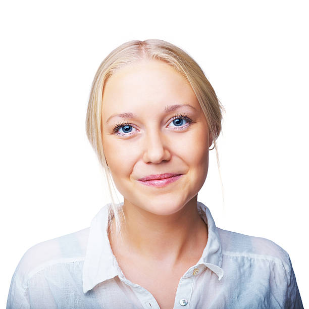 Beautiful blonde young adult woman looking to camera stock photo