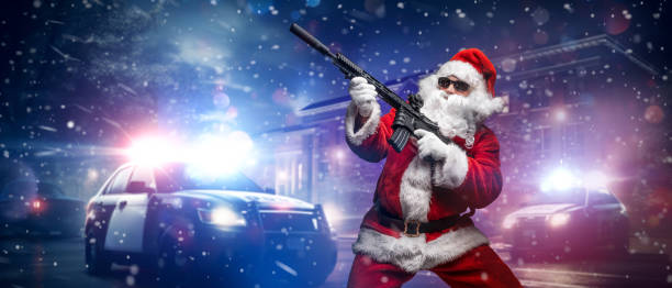 istock Action Santa: Armed Santa Points Amid Police Lights in Snowy Night 1818651338