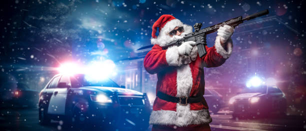istock Action Santa: Armed Santa Points Amid Police Lights in Snowy Night 1818652395