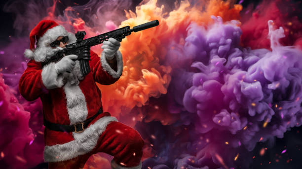 istock Action Santa: Armed Santa Takes Aim Amid Multicolored Smoke and Flying Sparks 1818656625