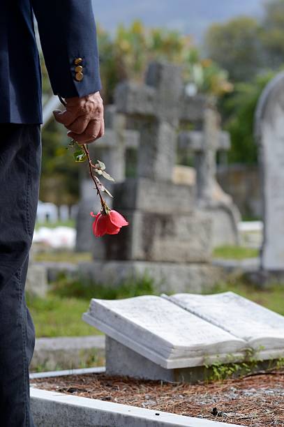 istock Elderly man with rose in graveyard back view 181865824