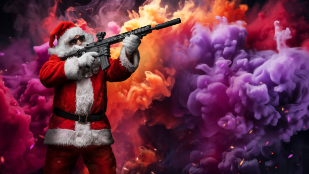 istock Action Santa: Armed Santa Takes Aim Amid Multicolored Smoke and Flying Sparks 1818662826