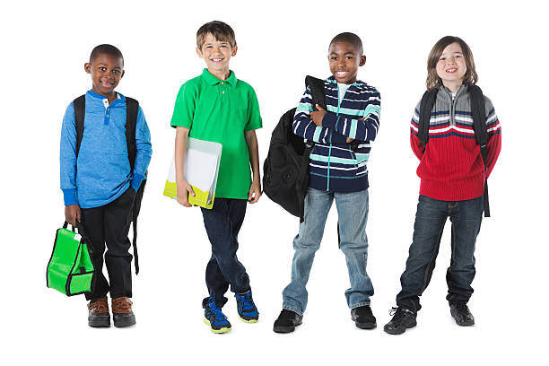 Diverse group of boys ready for school class with backpacks Diverse group of boys ready for school class with backpacks food elementary student healthy eating schoolboy stock pictures, royalty-free photos & images