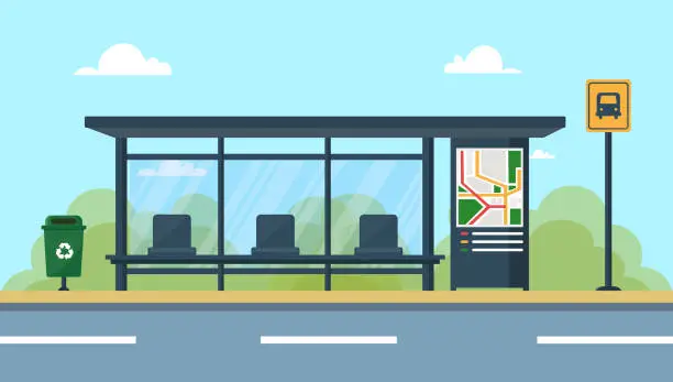 Vector illustration of Empty bus stop with sky background. Bus stop public transport in flat style.