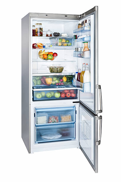 istock Lone open refrigerator with plenty of food 181867334