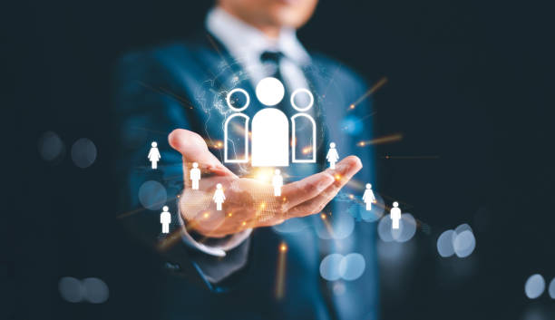 istock Customer Relationship Management CRM. Businessman show global network client service. Cloud network technology, Data partner solution development concept. Social digital marketing business strategy 1818675446