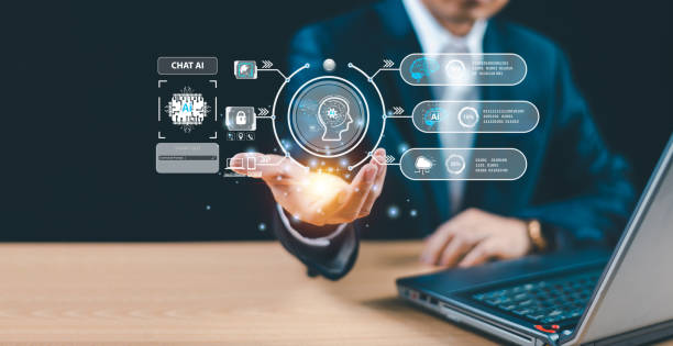 istock Businessman show virtual graphic Global Internet web connect Command prompt, Chat AI cpu for developer business robot. Ai bot tech, Artificial Intelligence computer technology transformation concept 1818675447