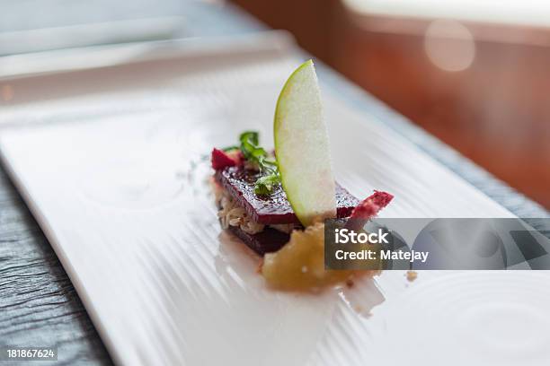 Entree Of Kingfish Ceviche With Beetroot Jelly And Micro Herbs Stock Photo - Download Image Now