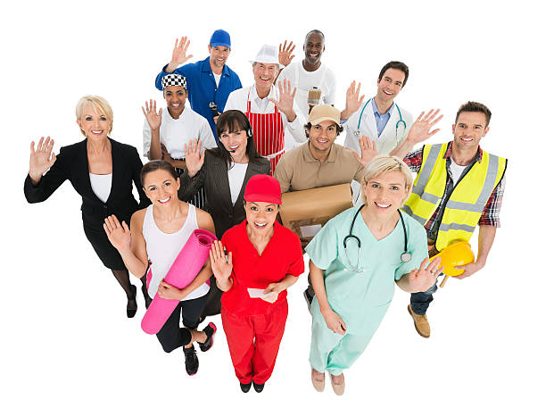Group of Trades People Waving - Elevated View