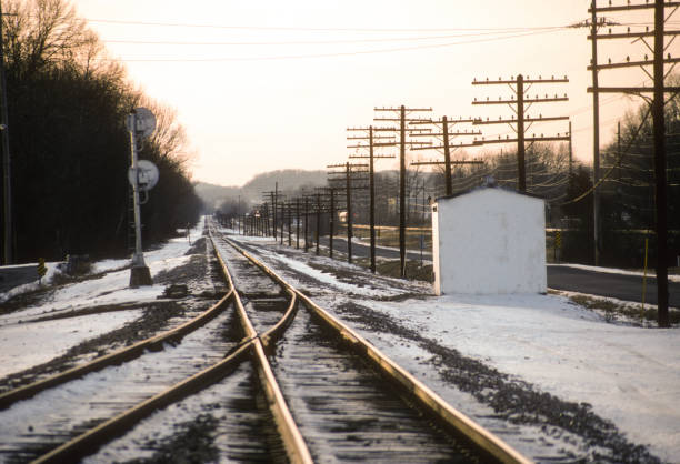 Trains in Snow - Westbound Rails at Eureka - 2004. Scanned from Kodachrome 64 slide.