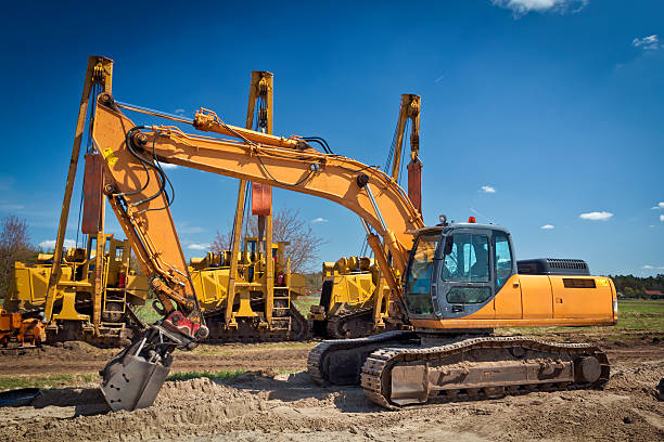 istock Yellow excavator in gas pipeline construction 181869143