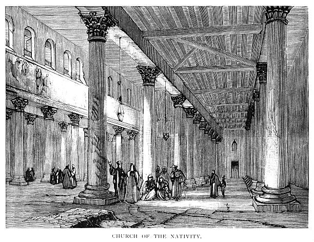 Church of the Nativity, Bethlehem "Inside the Church of the Nativity, Bethlehem, which is reputed to be constructed over the birthplace of Jesus Christ . From aRip Van Winkleaas Travels in Africa & Asiaai, published by Thomas Y. Crowell & Co., New York, 1882." black and white travel travel destinations monk stock illustrations