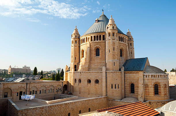Dormition Abbey on Mt. Zion in Jerusalem. Laundryis hung on clothesline to dry in the courtyard.