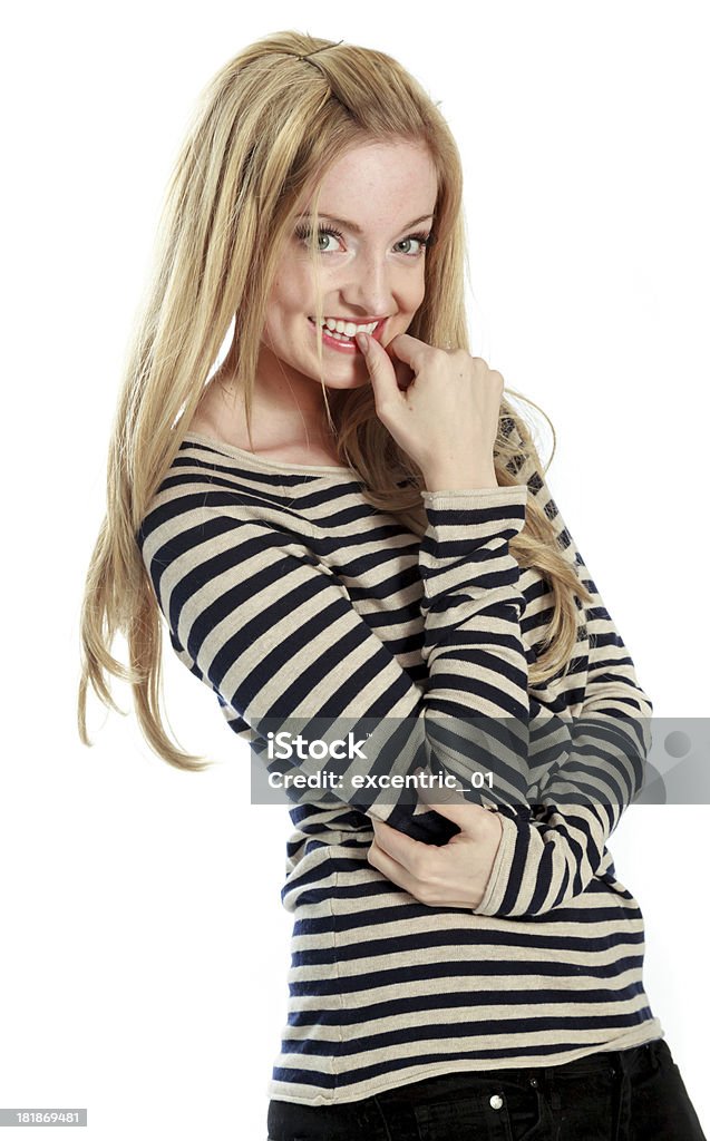 Garota loira caucasiana atraente no fundo branco - Foto de stock de 20 Anos royalty-free