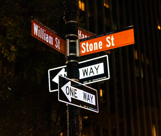 Street Signs Illuminated by a Pole Against the Night Sky in New York City.