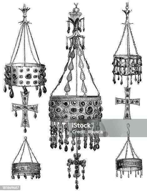 Illustrazione Depoca Di Vecchia Guarrazar Corone In Spagnolo - Immagini vettoriali stock e altre immagini di A forma di croce