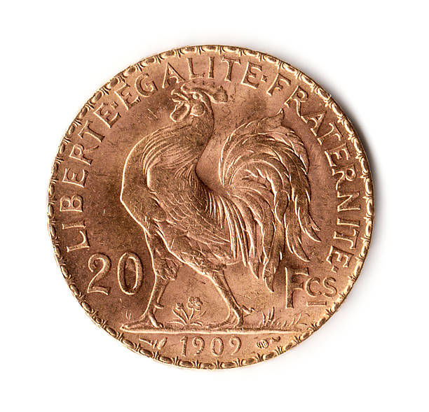 moneda de franco francés dorado 20 rooster 1909 - french currency fotografías e imágenes de stock