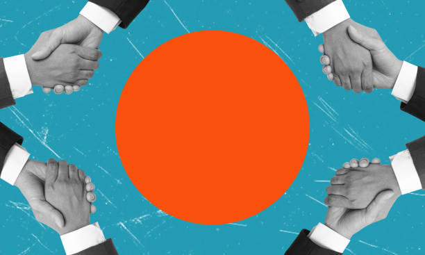 Close the deal by shaking hands. Art collage. Orange circle in the center.