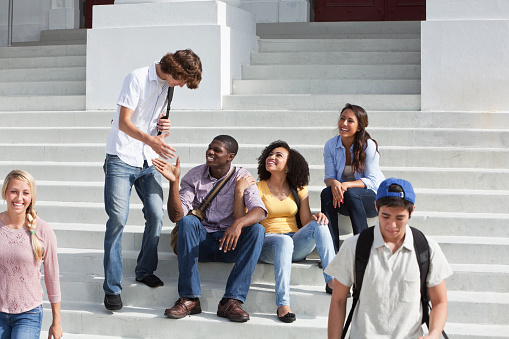 Multi-ethnic teenage students on steps of school building.