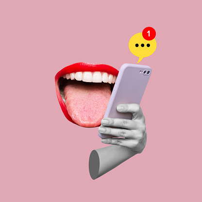 Woman's mouth with red lips showing tongue holding mobile phone with notification of new message in statue's hand on pink background. Trendy collage in magazine style. Contemporary art. Modern design