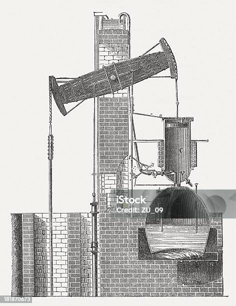 Newcomen 연료증기 엔진 배액용 Of 광산 1712 건설 산업에 대한 스톡 벡터 아트 및 기타 이미지 - 건설 산업, 로드고잉 증기 기관, 에칭