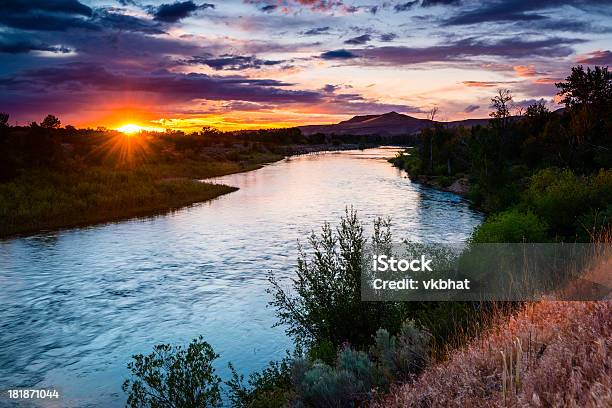 Boise River Meandering Through A Lush Landscape At Sunset Stock Photo - Download Image Now