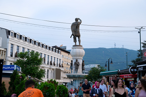North Macedonia. people tourists Travelers in the city center walk Real life capital of Macedonia Skopje city attractions buildings in the center of travel walk museums statues.