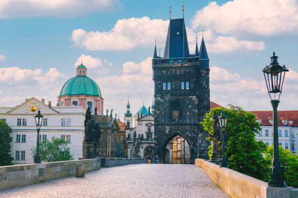 Charles bridge with old town bridge tower during sunrise in Prague Czech Republic Charles bridge with old town bridge tower during sunrise in Prague Czech Republic old town bridge tower stock pictures, royalty-free photos & images