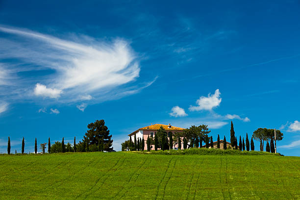 Volterra, Italy - July 28, 2017: Rural landscape at summer along the road from Volterra to Ponsacco, Tuscany, Italy. Little church and cypresses