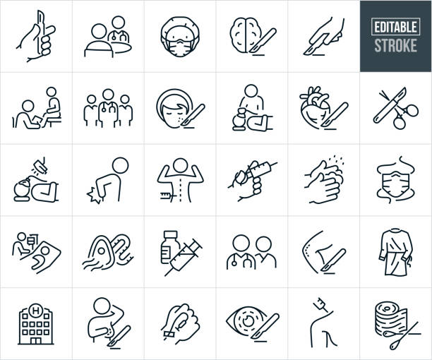 Surgery And Surgical Procedures Thin Line Icons - Editable Stroke A set of surgery and surgical procedures icons that include editable strokes or outlines using the EPS vector file. The icons include a surgeons hand holding a scalpel, surgeon discussing surgery with a patient, anesthesiologist with surgical mask and head net, brain surgery, surgery being performed using a scalpel, physician discussing surgical options with patient, team of surgeons, woman getting facial surgery, anesthesiologist administering medicine to patient before surgery, hearth surgery, scalpel and hemostat surgical instruments, person experiencing back pain, person getting injection in back before back surgery, surgeons hand holding a syringe, surgeon washing hands before procedure, surgical mask, surgical gown, patient in hospital bed recuperating from surgery, lidocaine and a syringe, knee surgery, surgeon and nurse, hospital, woman to get plastic surgery, medical IV, eye surgery, shoulder surgery and medical supplies used before, during and after surgery. plastic surgeons stock illustrations