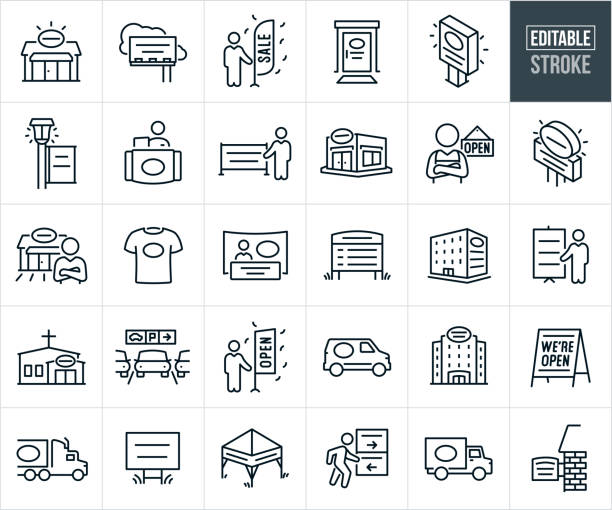 Banners, Signs And Advertising Thin Line Icons - Editable Stroke A set of banners, signs and advertising icons that include editable strokes or outlines using the EPS vector file. The icons include a banner and sign shop, small business with lighted sign and logo, billboard, sale banner sign, business signage on front door of business, lighted sign advertising business, light post banner, signage on welcome desk of business, restaurant sign, open sign, t-shirt with logo, trade show booth signage, business directory signage, business signage on side of building, stand up banner advertising business, church building signage, parking garage signage, company van with logo signage, business building with signage and logo, easel signage, signage on side of semi-truck, yard sign, outdoor signage, directional signs, company truck signage and a sign on side of a building. retail digital signage stock illustrations