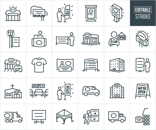 Vector illustration of Banners, Signs And Advertising Thin Line Icons - Editable Stroke
