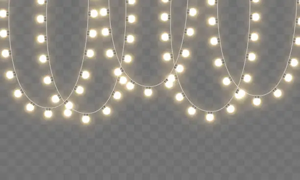 Vector illustration of Christmas String Lights. Vector clipart isolated on a transparent background.