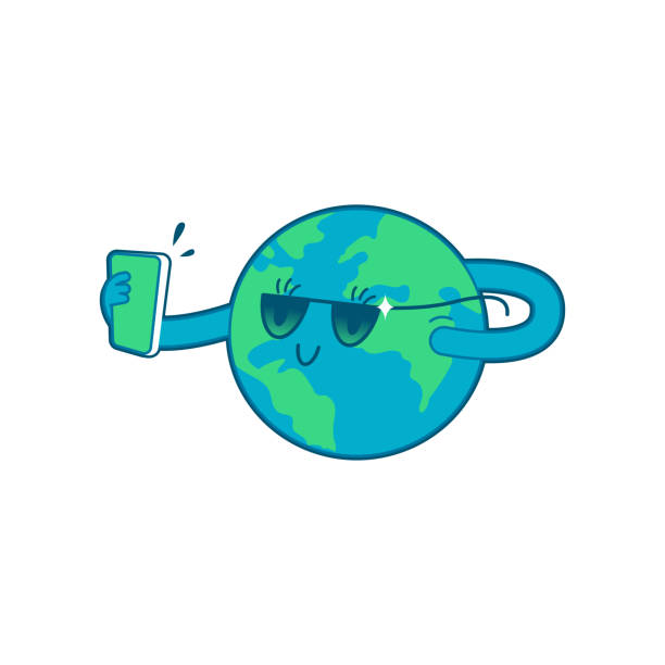 glücklicher planet erde in brille hält smartphone und macht selfie. moderne flache vektorillustration. social-media-vorlage. - doodle map drawing sunglasses stock-grafiken, -clipart, -cartoons und -symbole