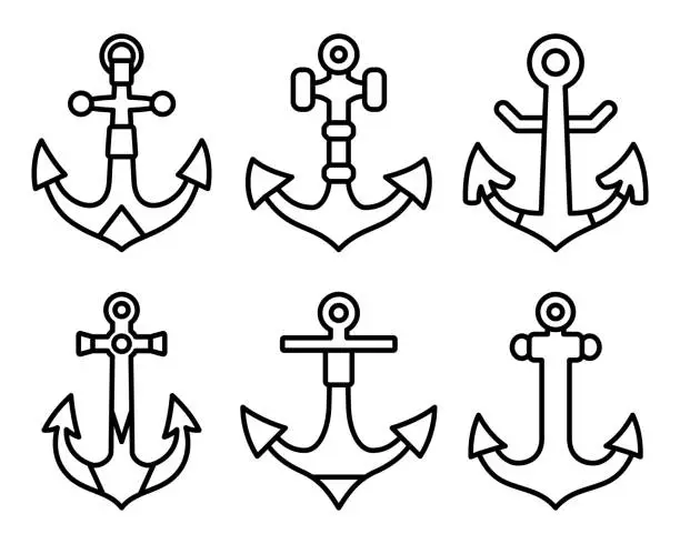 Vector illustration of Anchor line icons set. Nautical vessel mooring appliance, Traditional ship accessory. Silhouettes anchor marine equipment. Navy, ocean fleet, harbor vector illustration