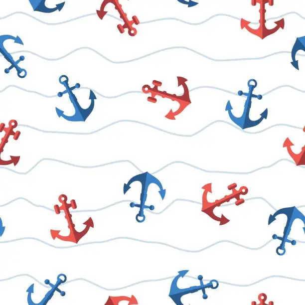 Vector illustration of Ship anchors cute marine seamless pattern. Nautical vessel mooring appliance, Traditional ship accessory. Navy, ocean fleet, harbor background vector illustration