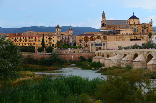 The Roman bridge and the old town of Cordoba, seen from the other bank of the Guadalquivir, Andalusia