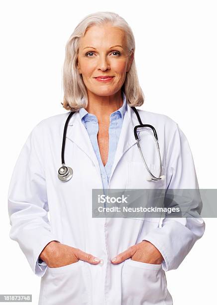 Confident Female Doctor Isolated Stock Photo - Download Image Now - 60-69 Years, Adult, Adults Only