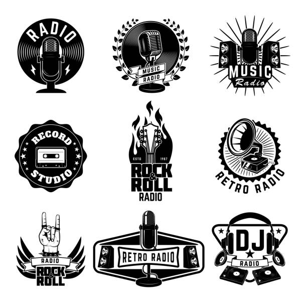 Radio labels. Retro radio, record studio, rock and roll radio emblems. Old style microphone, guitars. Design elements for  label, sign, badge.