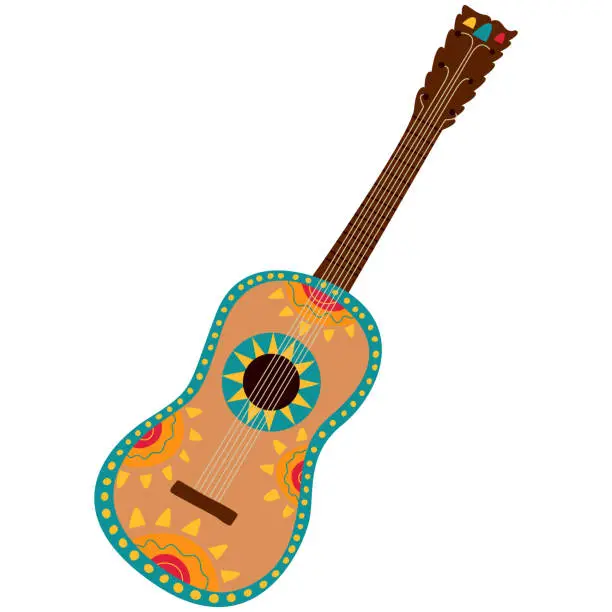 Vector illustration of Mexican guitar. Traditional hispanic music instrument with ornament and pattern.