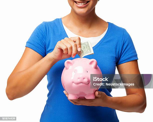여성 퍼팅 지폐 대상쪽으로 돼지 저금통격리됨에 T 셔츠에 대한 스톡 사진 및 기타 이미지 - T 셔츠, 계획, 금융 항목
