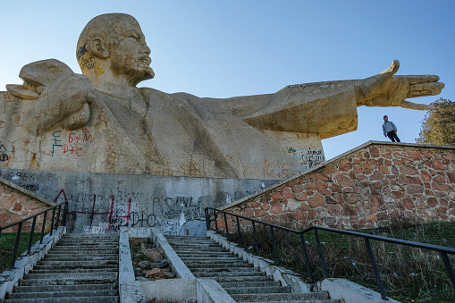 Istaravshan, Tajikistan - November 26, 2023: Bust of Lenin in Istaravshan, Tajikistan.