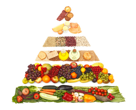 The new food pyramid has a high proportion of vegetables fruits and cereal a medium proportion of legumes seeds and nuts a low proportion of dairies and white meat and a very small fraction of red meats and processed foods