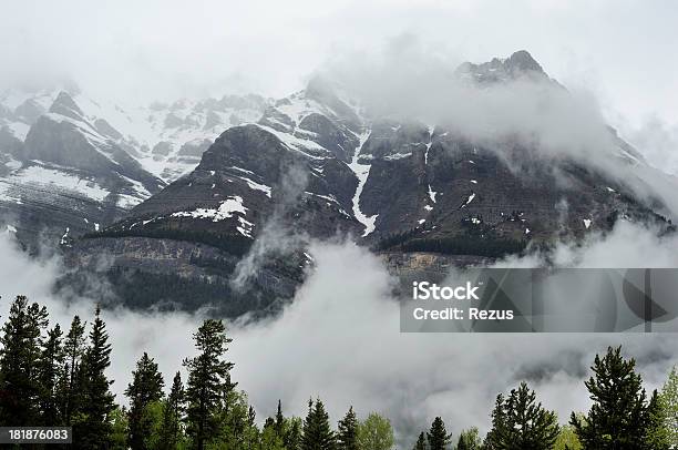 Nebbioso Paesaggio Di Montagna In Canada Rokies - Fotografie stock e altre immagini di Alba - Crepuscolo - Alba - Crepuscolo, Albero, Alberta