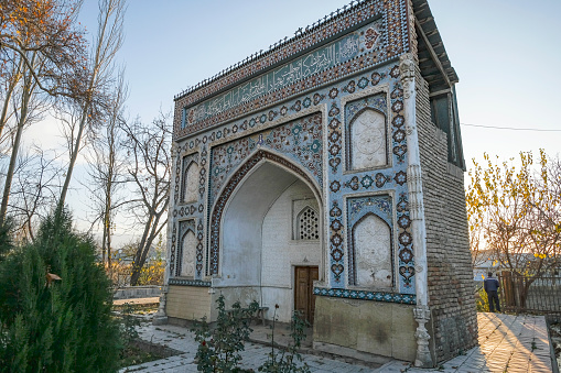 Istaravshan, Tajikistan - November 26, 2023: Views of a mausoleum at the Sary Mazar complex in Istaravshan, Tajikistan.