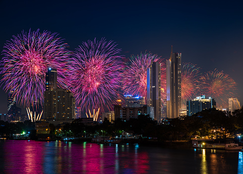 Bangkok cityscape. Bangkok night view Fireworks, New Year's star event