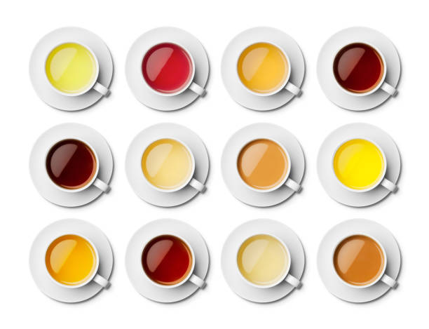 istock Different teas in white cups with saucers overhead 181877224