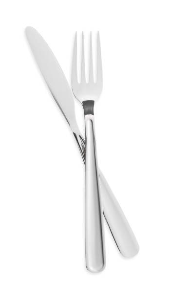 istock Fork and knife isolated on white, top view. Stylish shiny cutlery set 1818775595