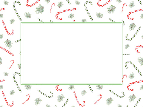 Red and green candy canes, pine branches. Horizontal frame with copy space for text. Bonbons, candies, sugar caramels, Christmas tree, conifer twig. Delicious ornament. Watercolor illustration