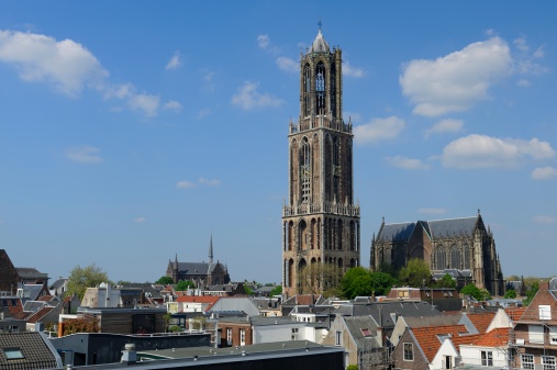 City centre of Utrecht with Dom Tower and church in spring.